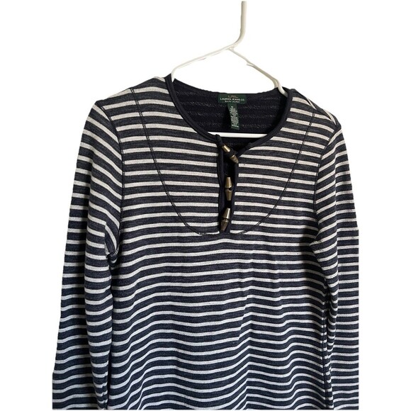 Lauren Ralph Lauren Navy & White Stripe Shift Dress Sz M Nautical  French Terry - Picture 2 of 4